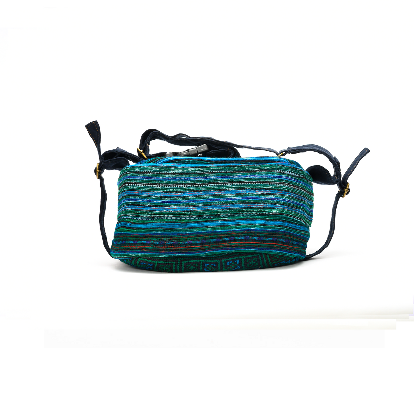 Green Waist bag, dark blue strap, embroidery and faux leather