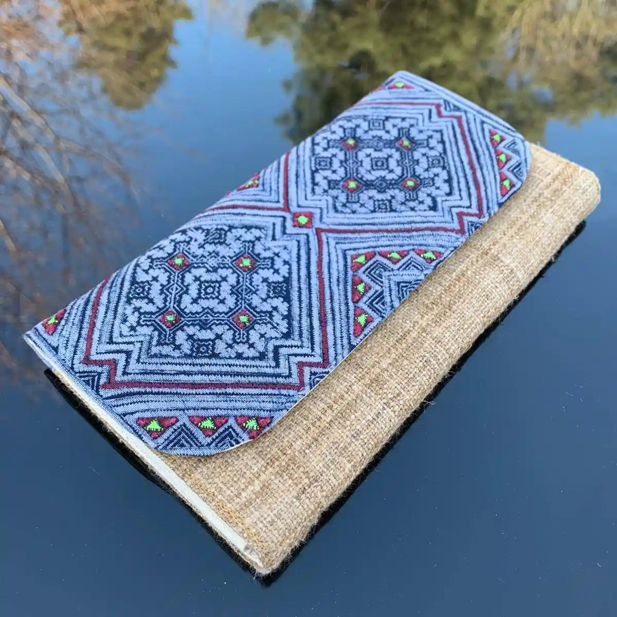 Vindigo long purse with geometric indigo batik design lifestyle shot