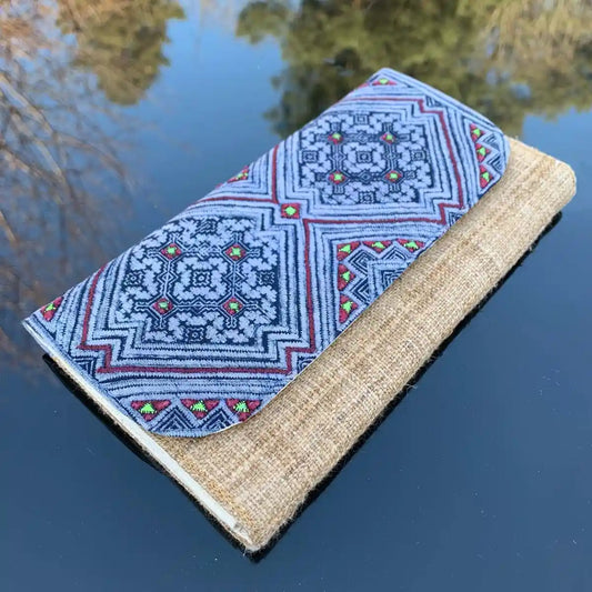 Vindigo long purse with geometric indigo batik design lifestyle shot