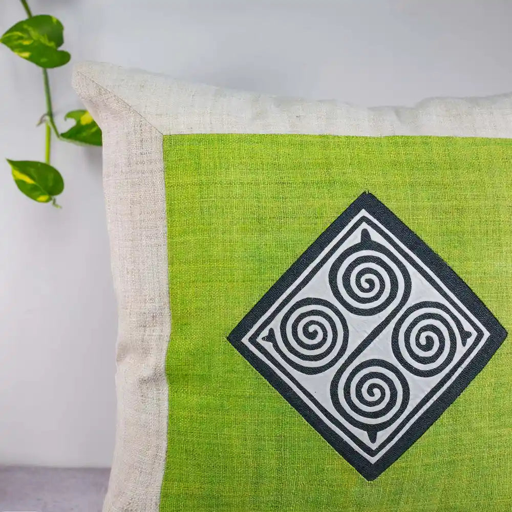 Vindigo hemp cushion cover with green base and spiral embroidery