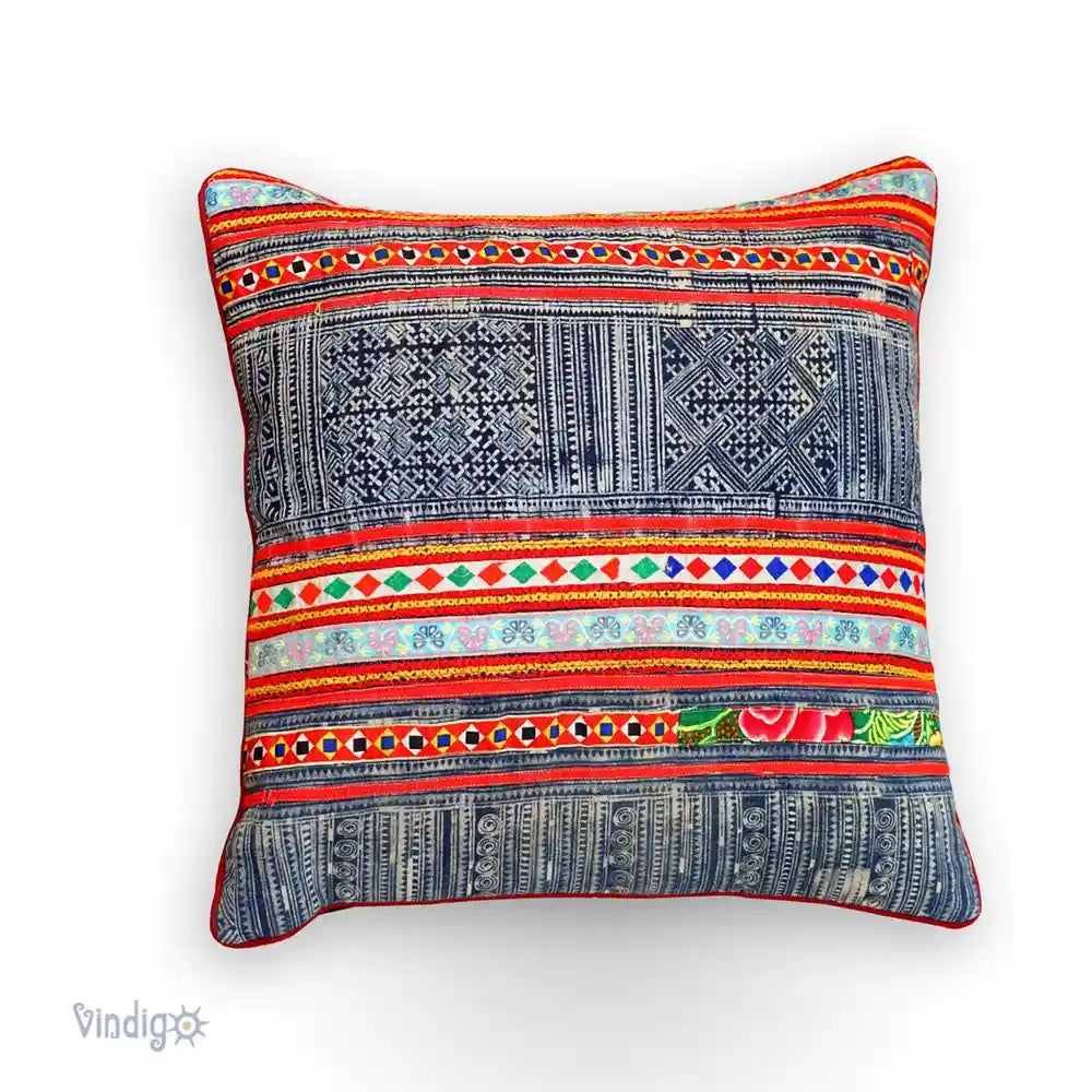 Vindigo cushion cover grey H’mong batik embroidery full front view
