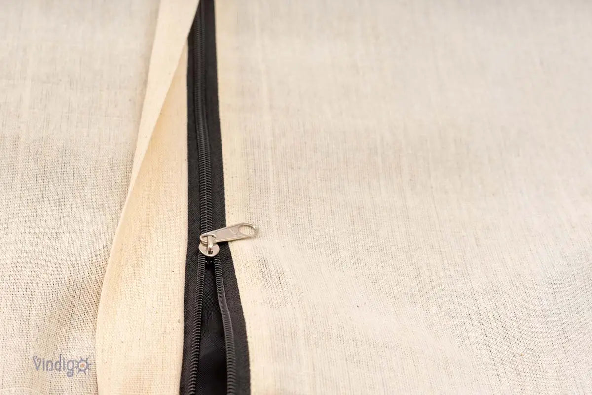 Natural cotton cushion back with zipper half open