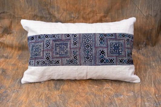 Alternate front view of handmade beige hemp cushion with indigo pattern