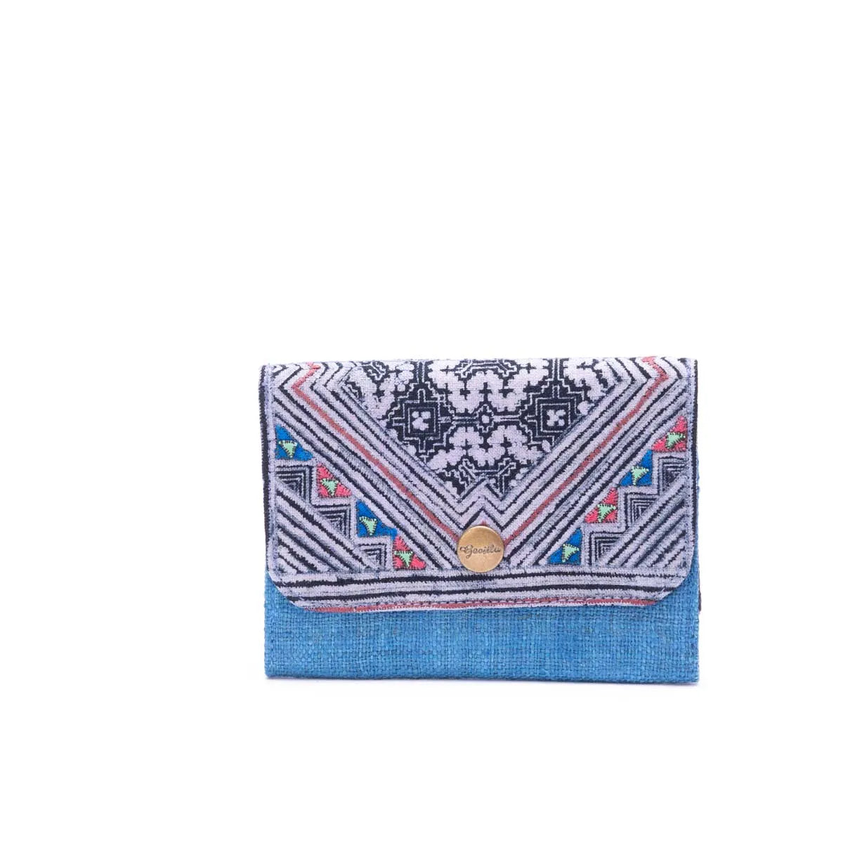 Vindigo tribal batik wallet with triangular flap and blue base front view