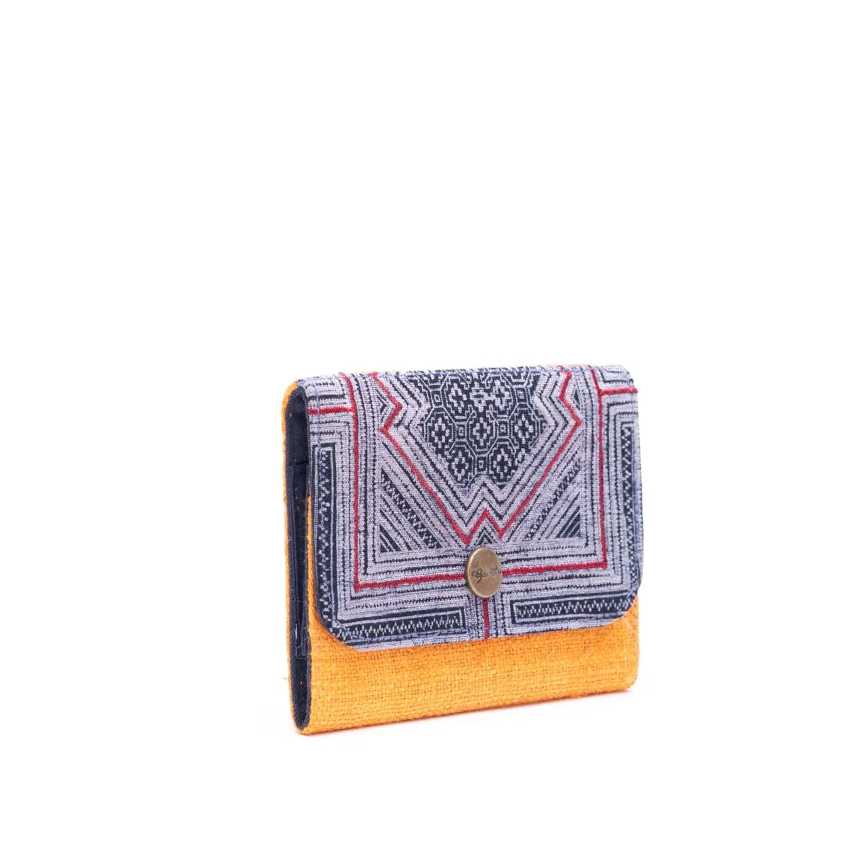 Vindigo pink and blue cross-stitch batik wallet front view