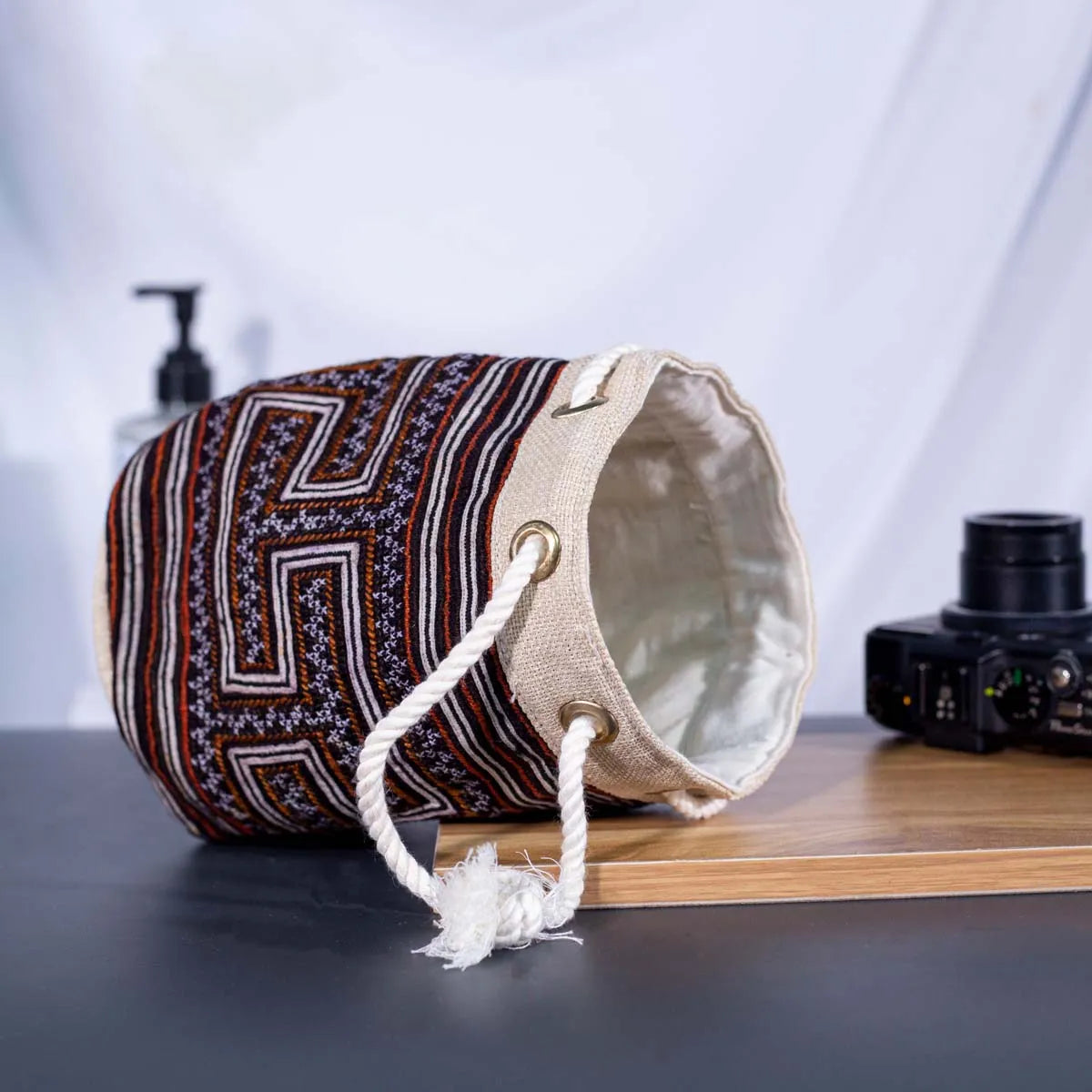 Vindigo brown embroidered canvas bucket bag open top view