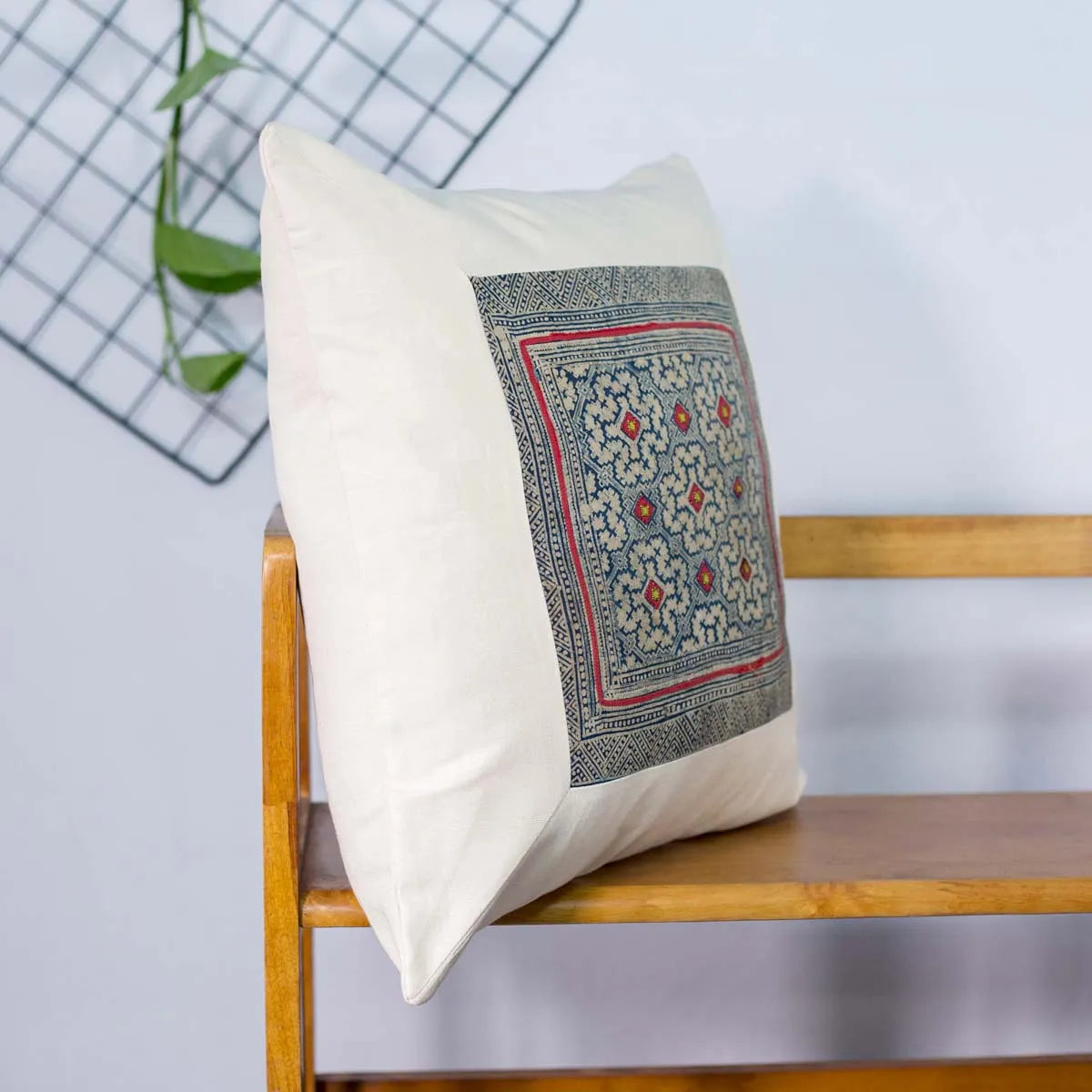 Vindigo handmade beige cotton cushion cover side view with floral design