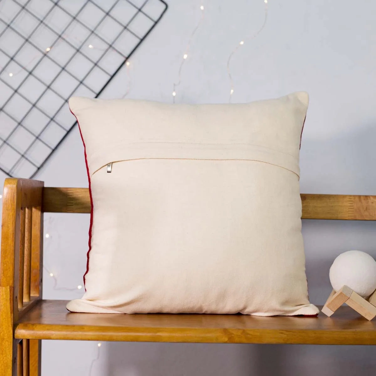 Vindigo white cotton cushion cover back view with hidden zipper closure