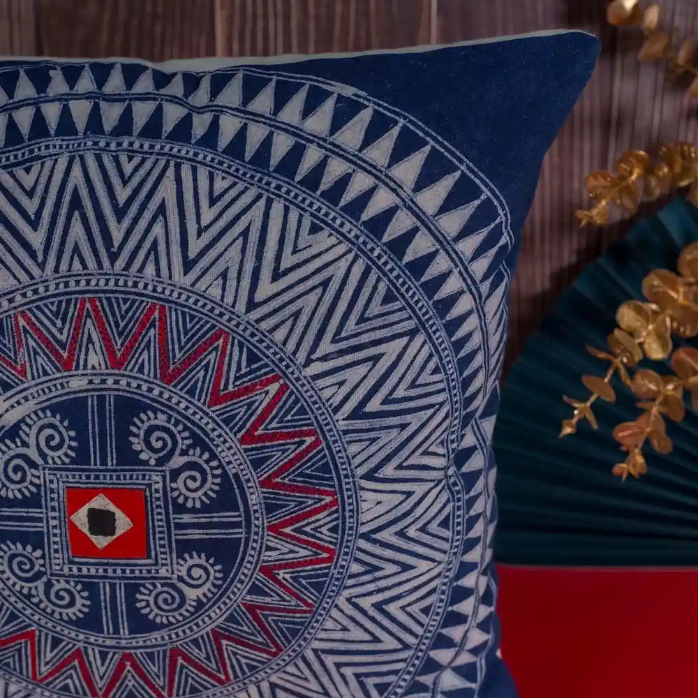 Vindigo blue batik cushion cover side angle showing red center motif