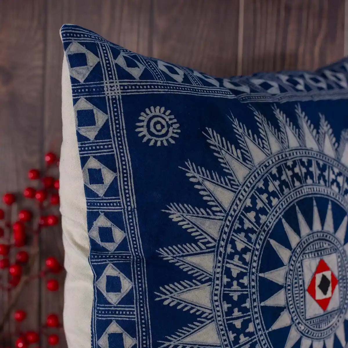 Vindigo blue cotton batik cushion cover angled side view