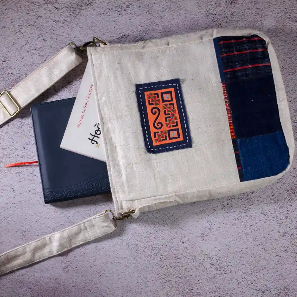 Vindigo beige hemp crossbody bag open view showing spacious interior