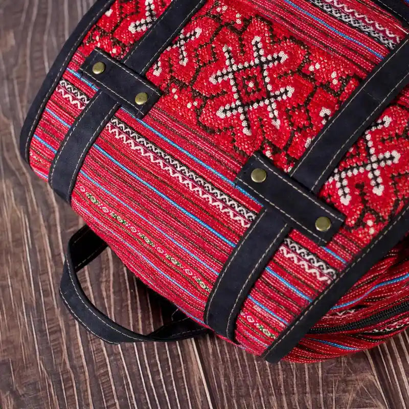 Vindigo red embroidered cotton backpack embroidery pattern detail