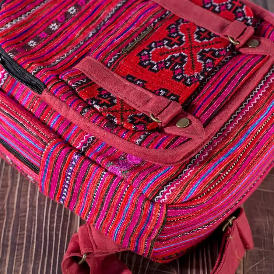 Vindigo pink embroidered cotton backpack close-up detail