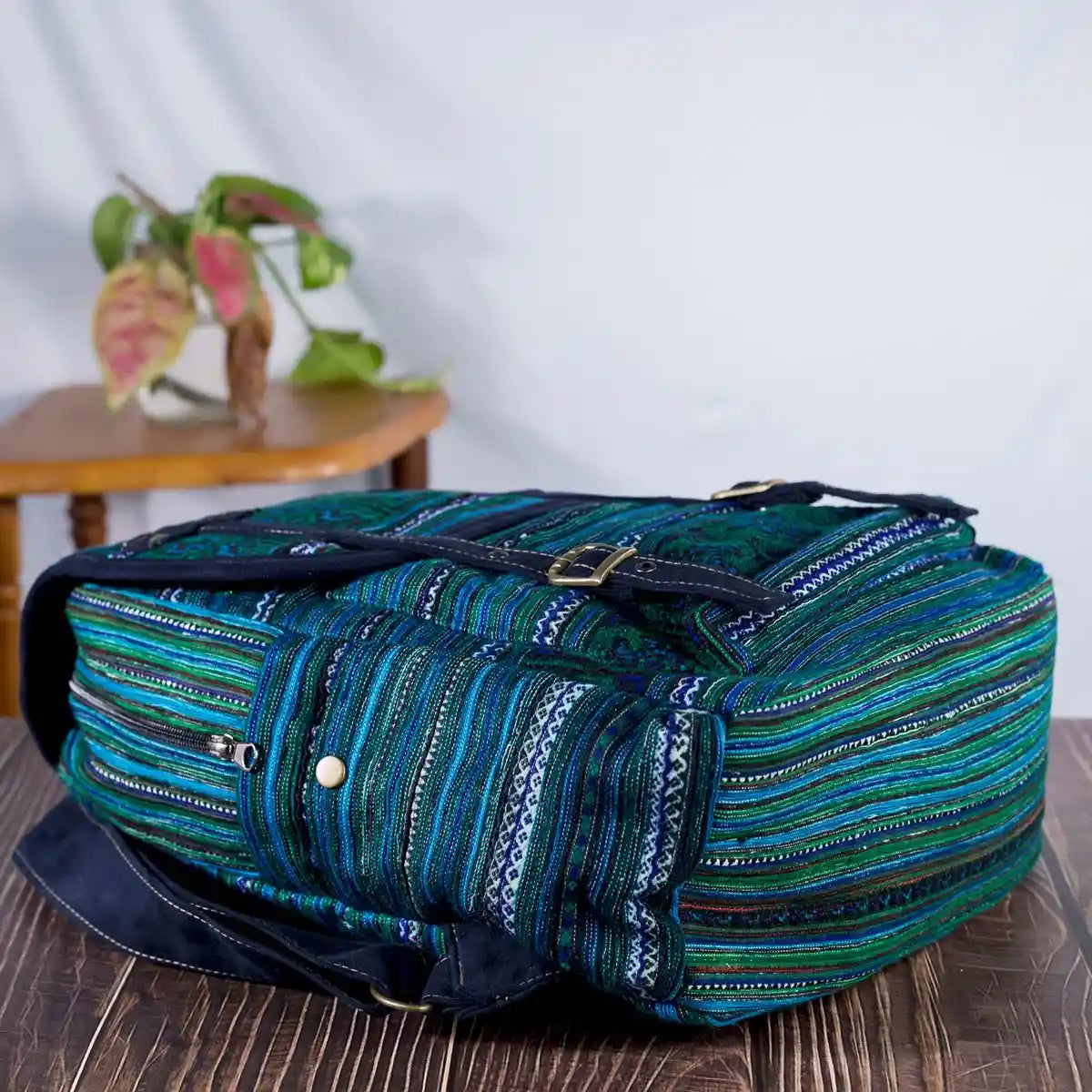 Vindigo blue embroidered cotton backpack bottom view