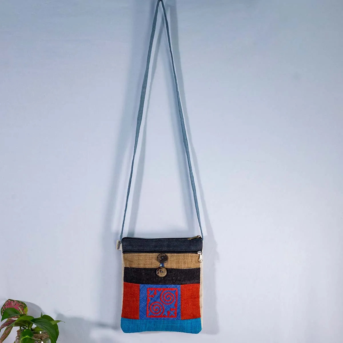 Vindigo hemp crossbody bag full strap back view with zipper pocket