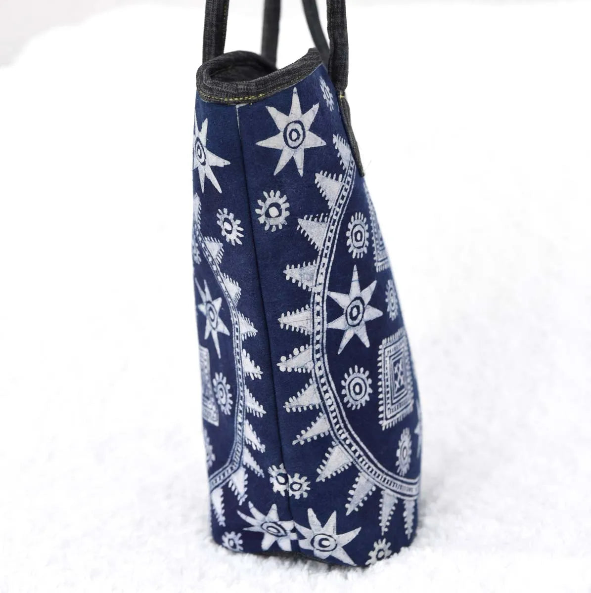 Vindigo blue batik tote standing side profile