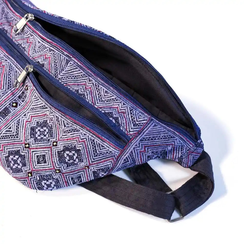 Vindigo hemp waist bag purple geometric pattern side close-up