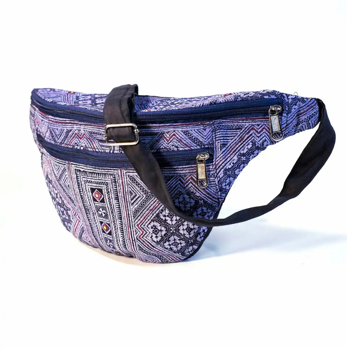 Vindigo handmade purple hemp waist bag angled side view