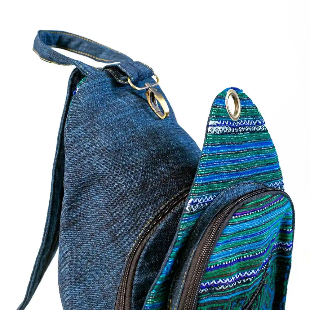 Vindigo blue striped hemp backpack strap side detail