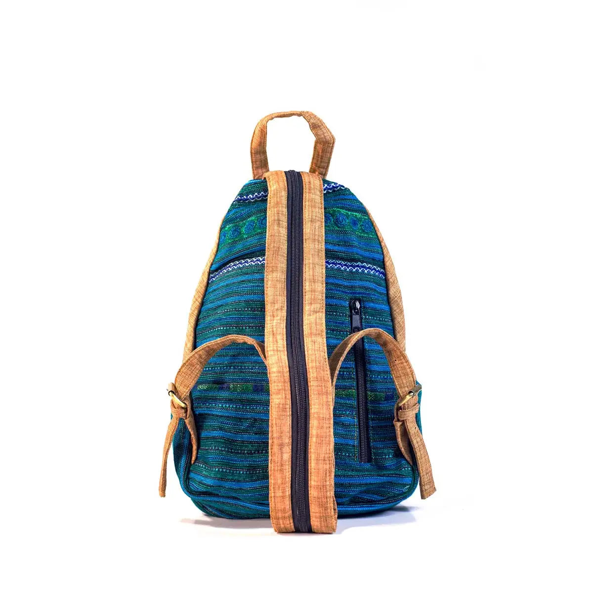 Vindigo blue embroidered cotton backpack back view with zip strap