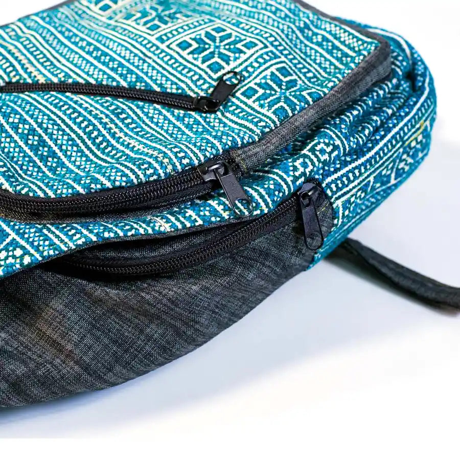 Vindigo blue hemp geometric backpack zipper close-up detail