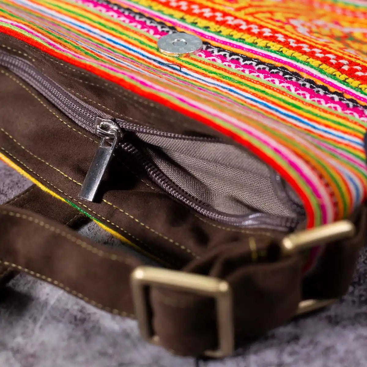 Vindigo hemp crossbody bag zipper and strap detail with brown buckle