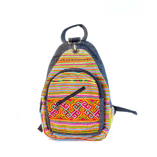 Vindigo yellow hemp embroidered backpack front view