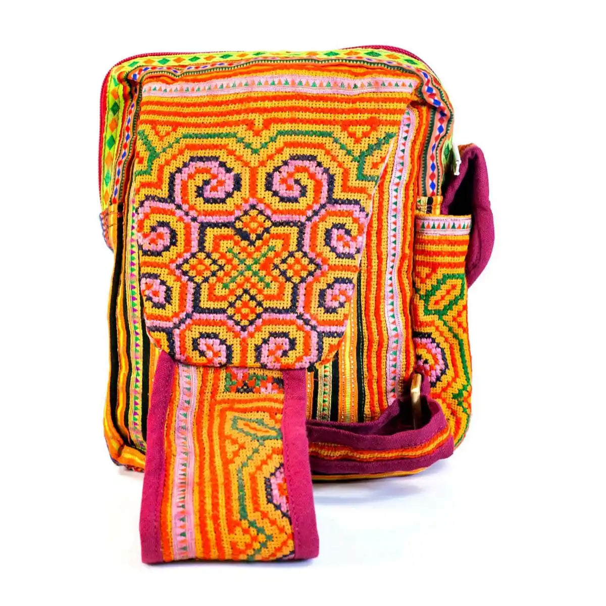 Vindigo crossbody yellow linen spiral tribal close-up front