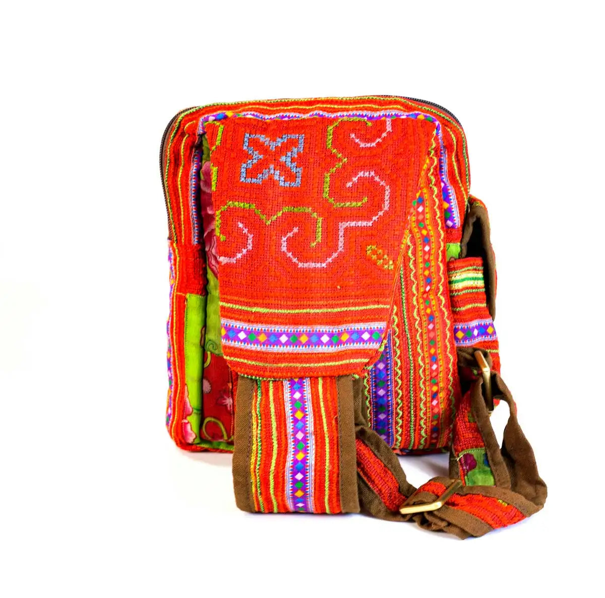 Vindigo red hemp tribal pattern backpack upright front view