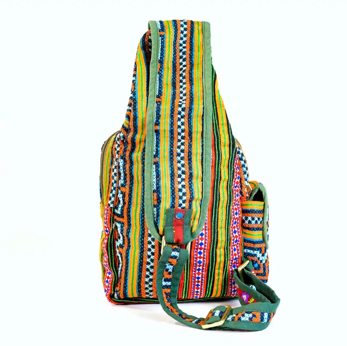Vindigo blue hemp tribal backpack side profile with straps