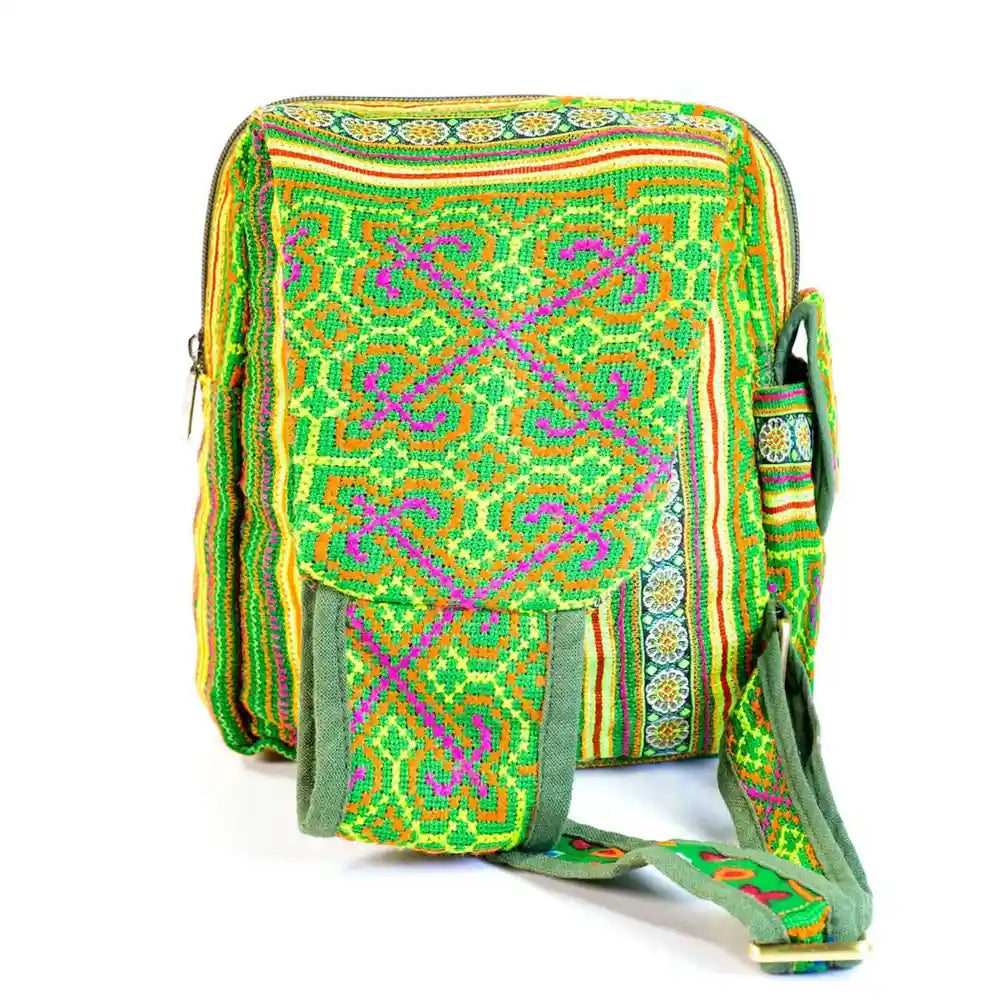 Vindigo crossbody green linen geometric tribal close-up front