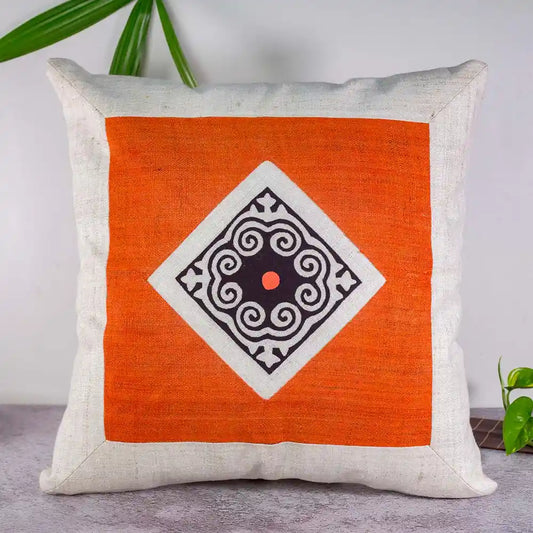 Vindigo handmade orange hemp cushion cover styled in natural home decor