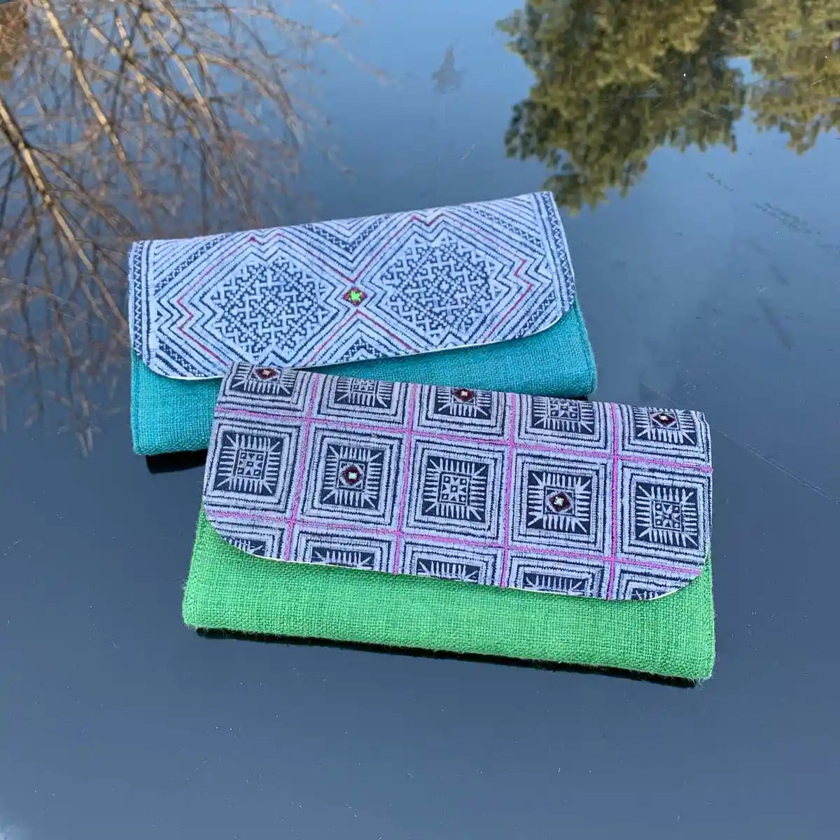 Vindigo long purses turquoise and lime hemp with batik fabric front view