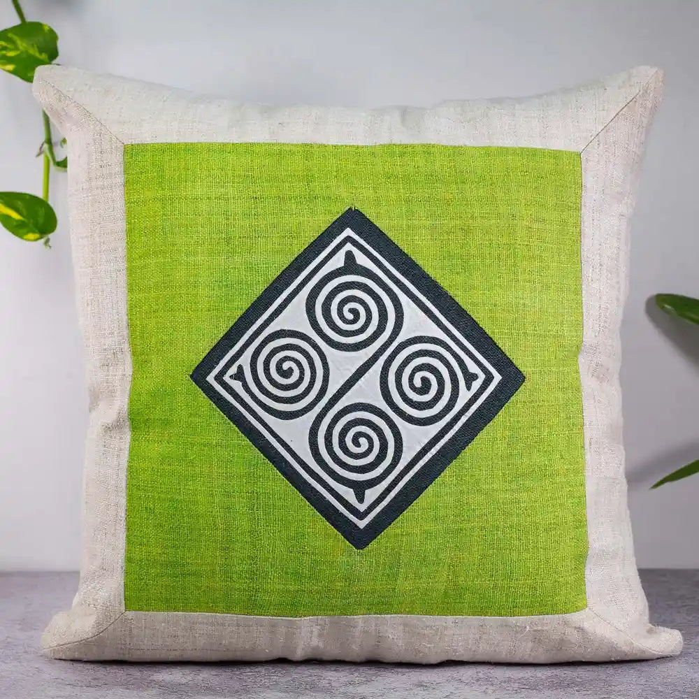 Vindigo green spiral cushion cover in hemp with natural white border