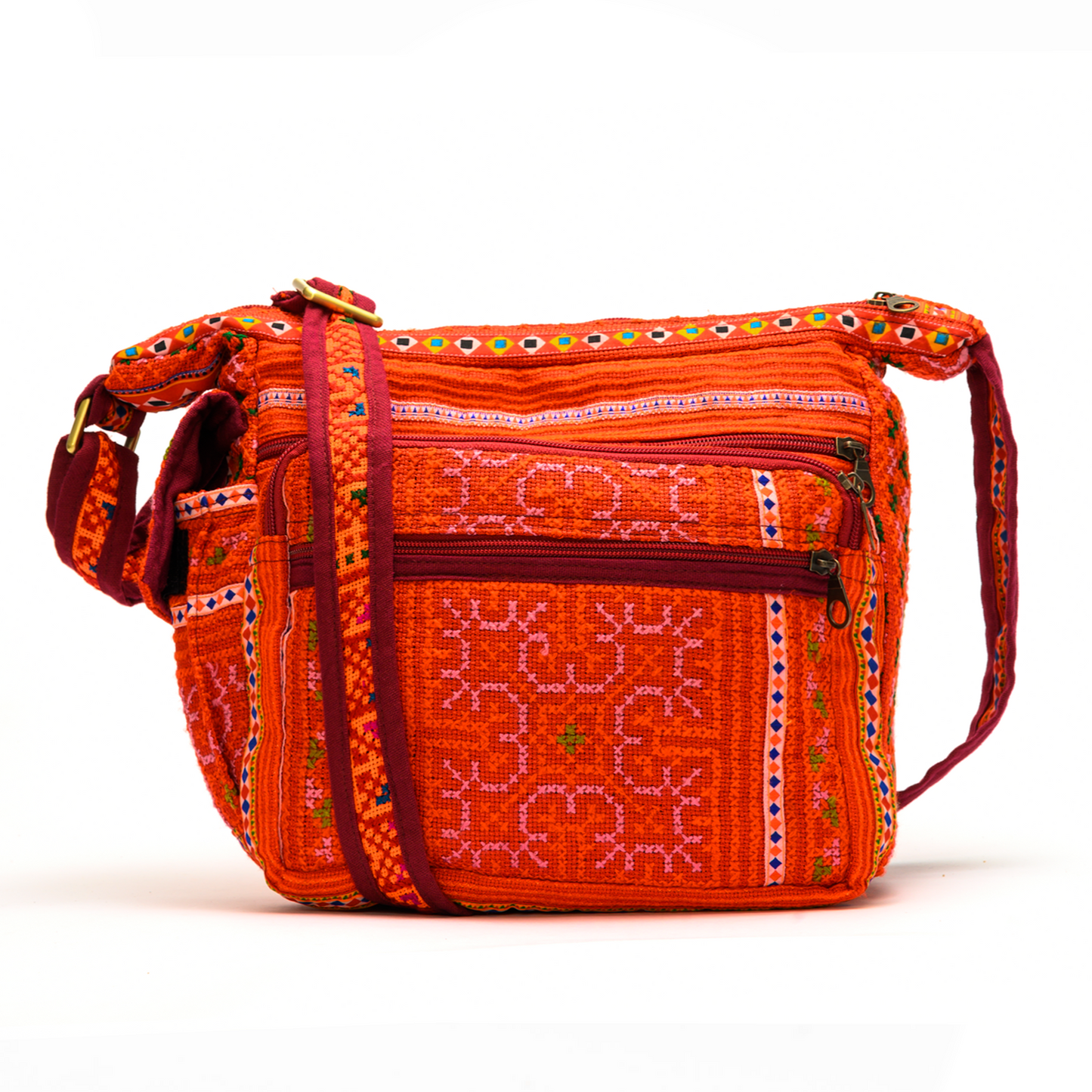 Boho-style linen, embroidery cross-body bag, H'mong tribal pattern in RED