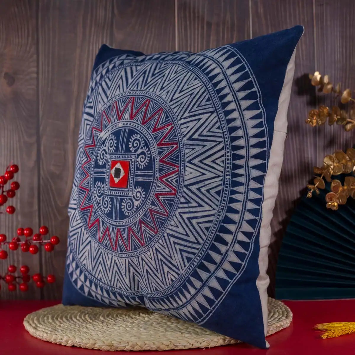 Vindigo indigo blue batik cotton cushion cover side perspective