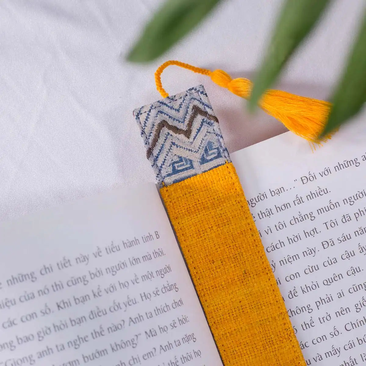 Vindigo yellow hemp bookmark with tassel and tribal top detail