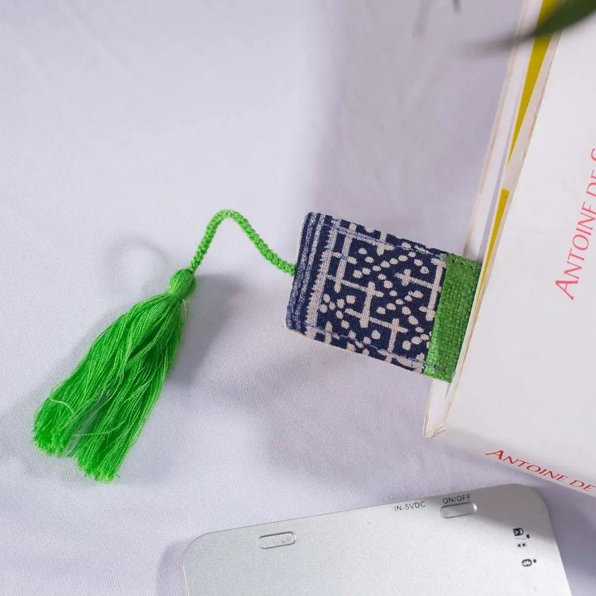Vindigo green hemp tribal bookmark front with tassel visible