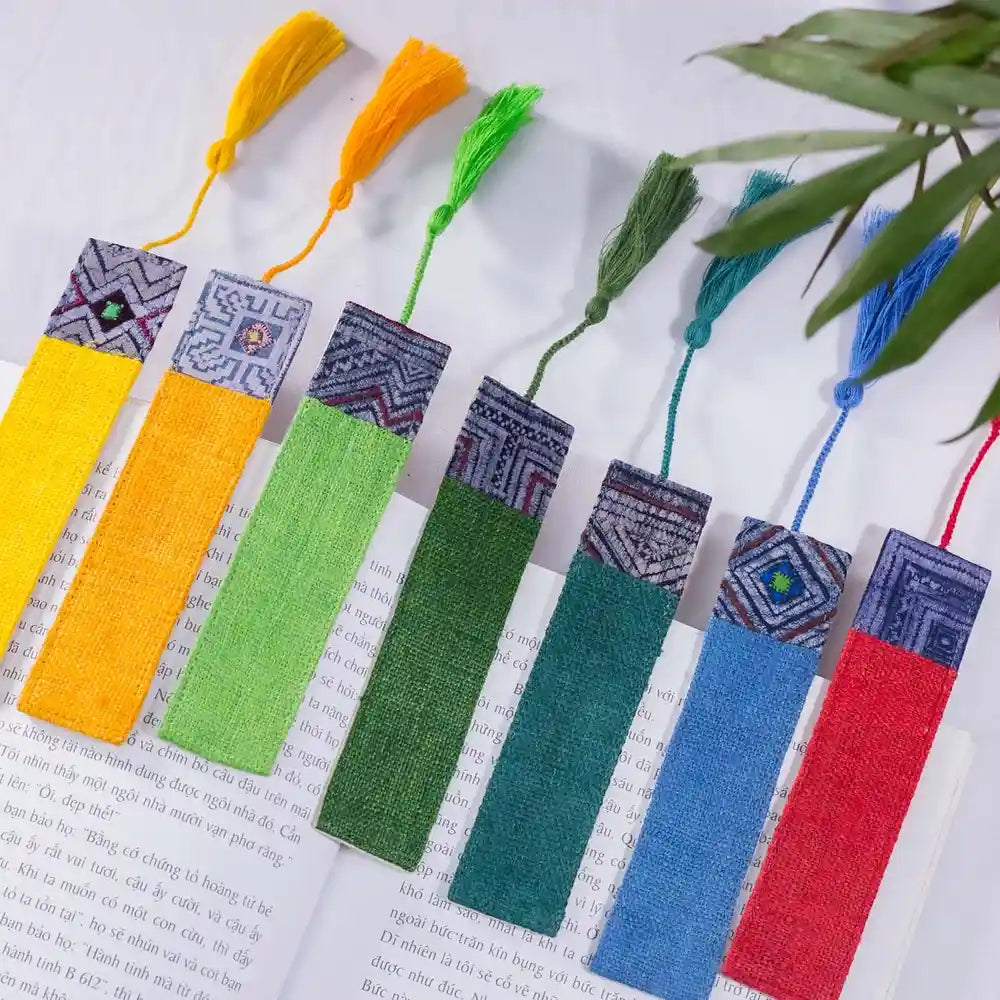 Vindigo multicolor hemp batik pattern bookmarks arranged together on book