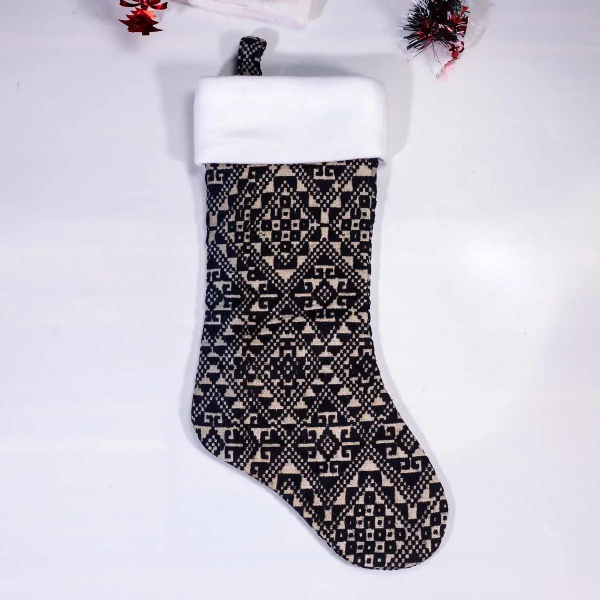 Vindigo black and white geometric embroidered Christmas stocking front angle