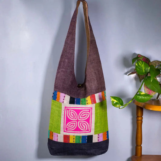 Vindigo shoulder bag brown hemp pink spiral patch full front hanging view