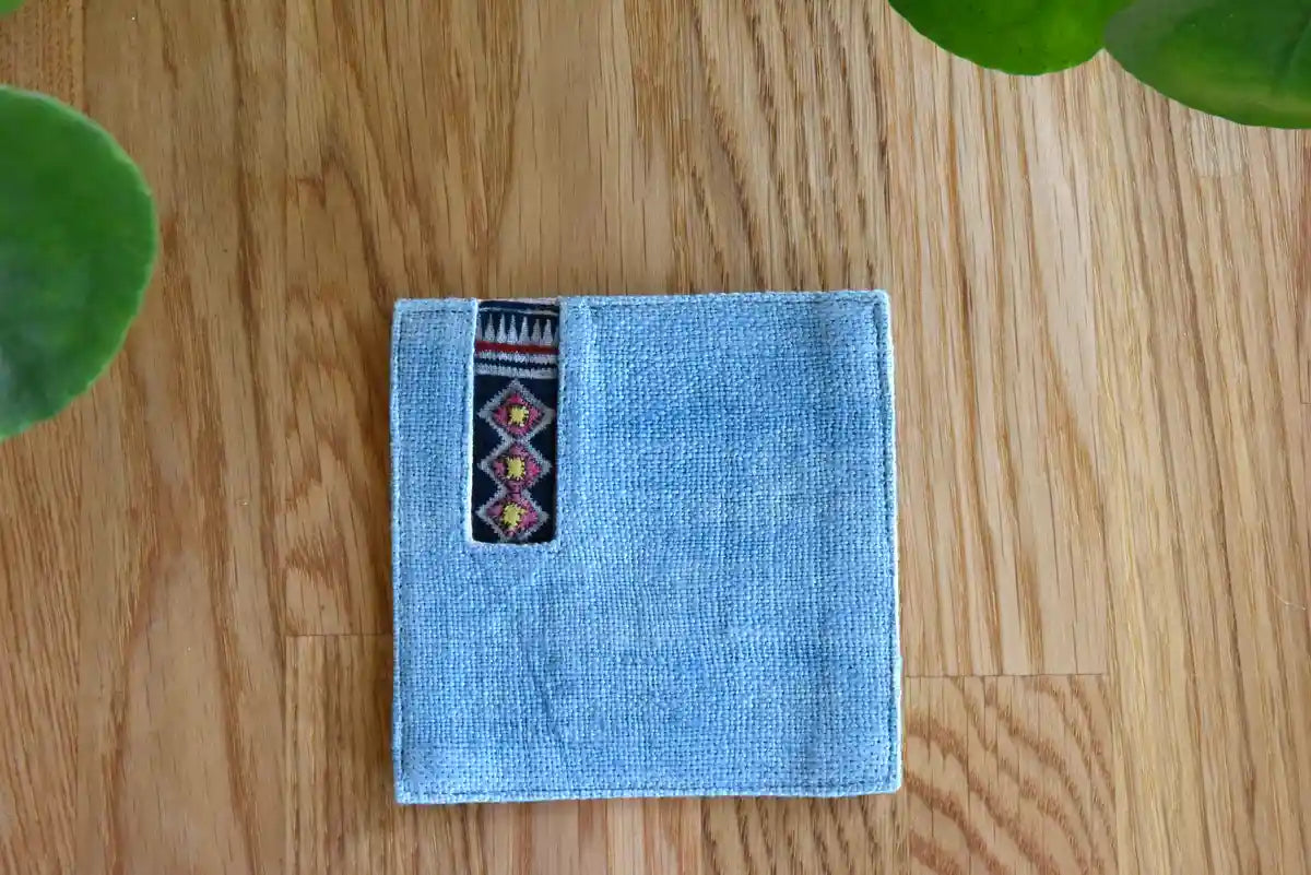 Top view of Vindigo handmade denim coaster with woven tribal trim