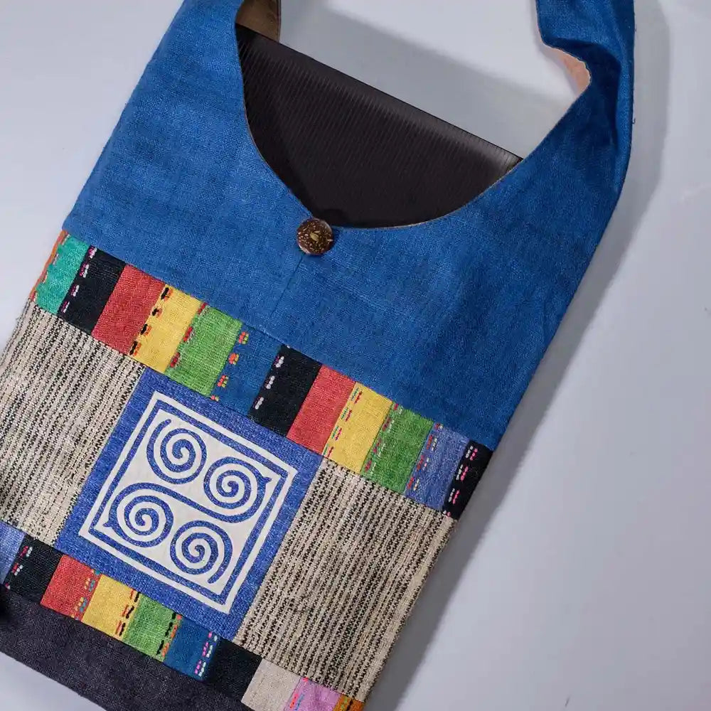 Vindigo shoulder bag blue hemp multicolor stripe with spiral patch front view