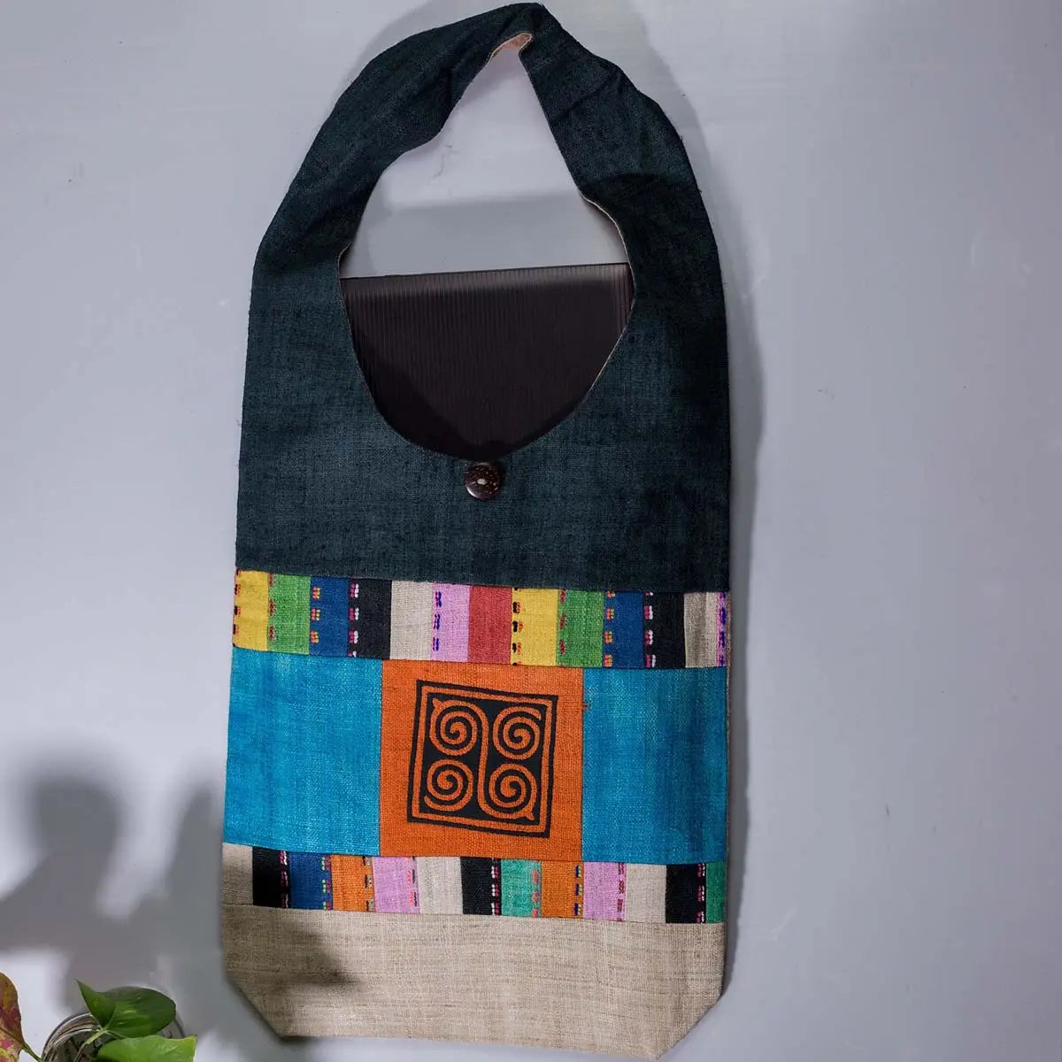 Vindigo shoulder bag teal hemp hand-embroidered spiral patch front angle