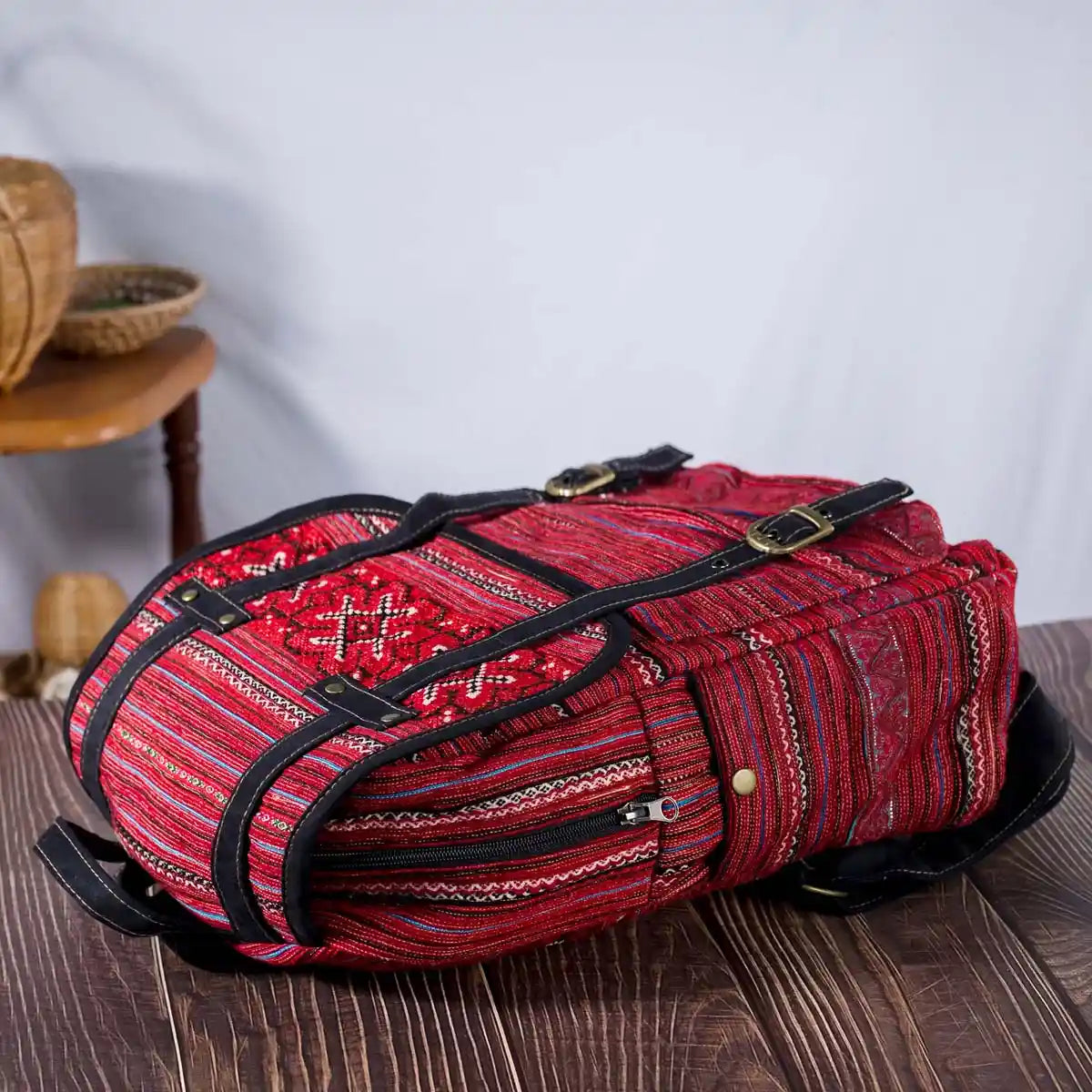 Vindigo red embroidered cotton backpack bottom view