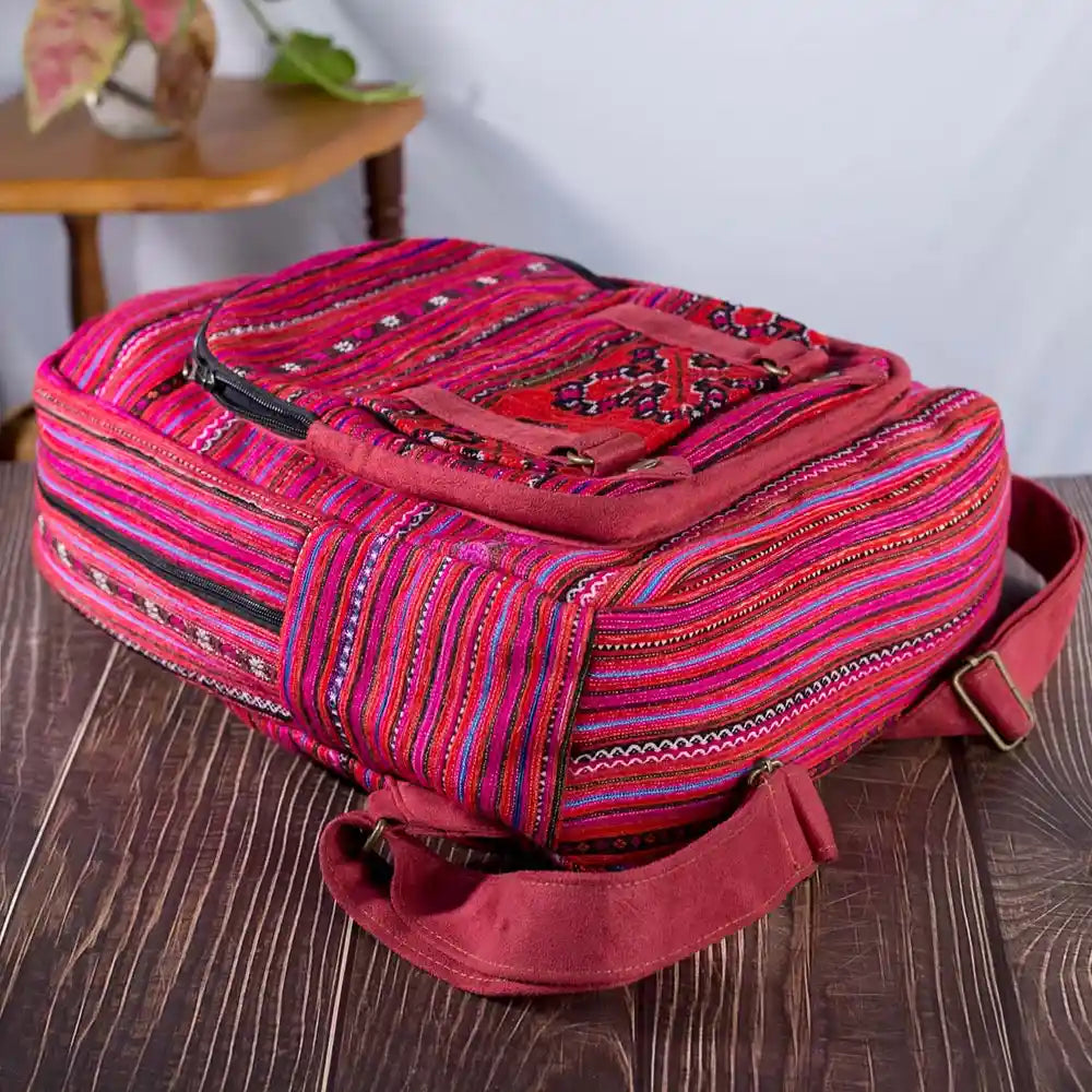 Vindigo pink cotton embroidered backpack three-quarter view