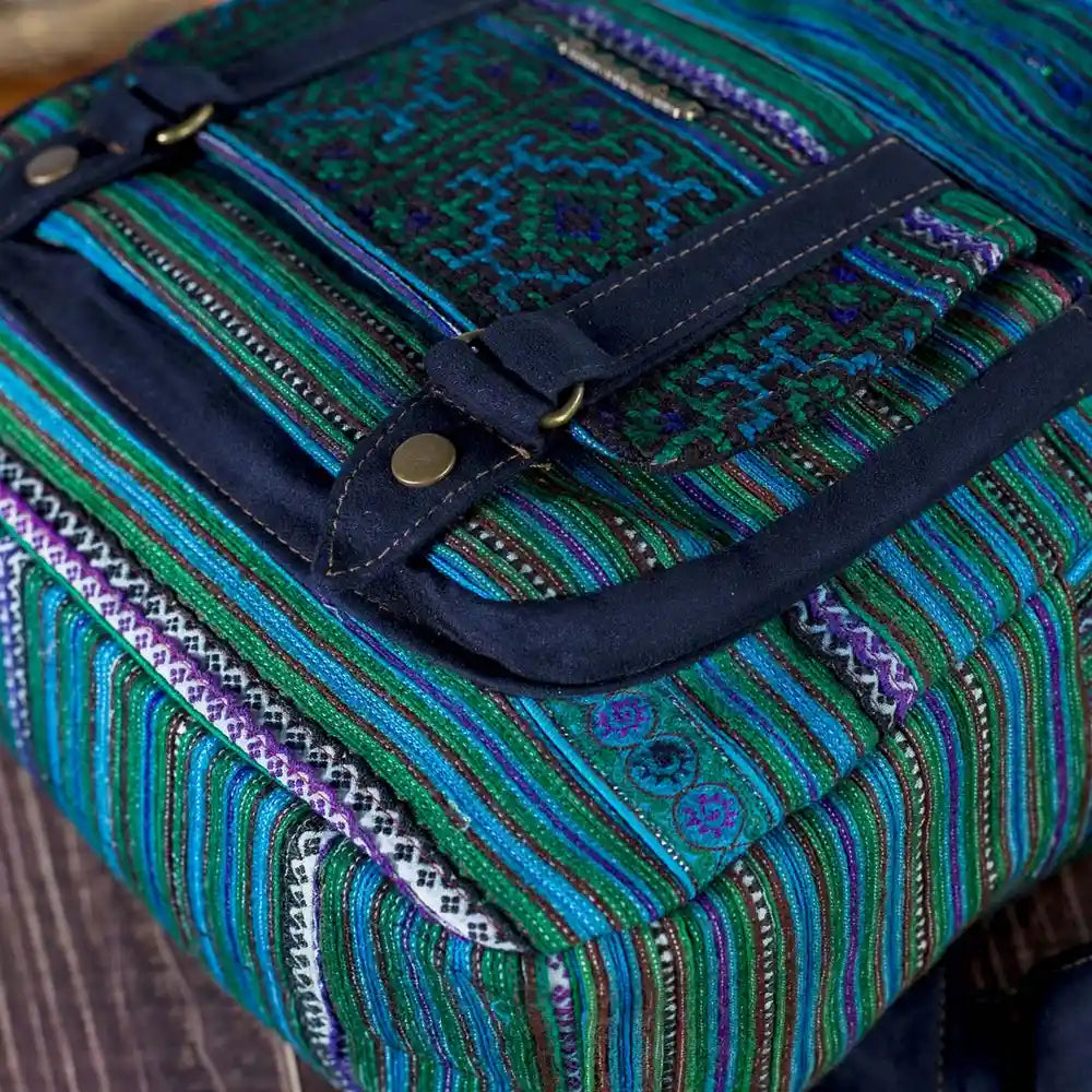 Vindigo backpack detail showing faux leather trim and round pocket
