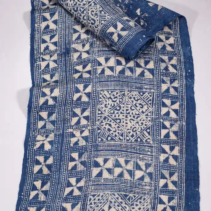 Vindigo indigo fabric roll tribal triangle pattern full top-down view