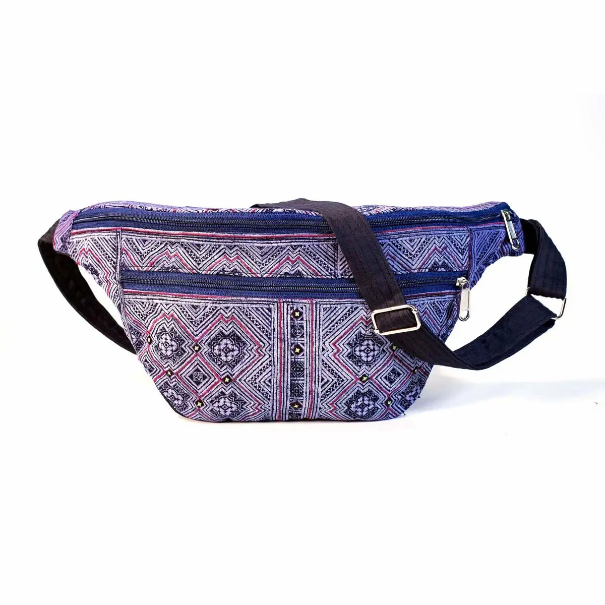 Vindigo purple hemp waist bag angled side view