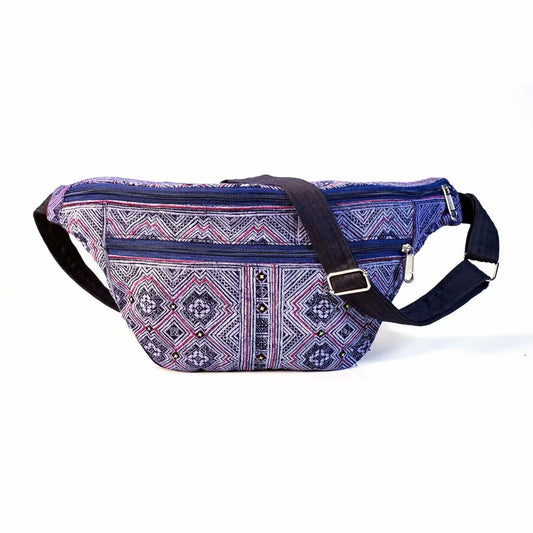 Vindigo purple hemp waist bag angled side view
